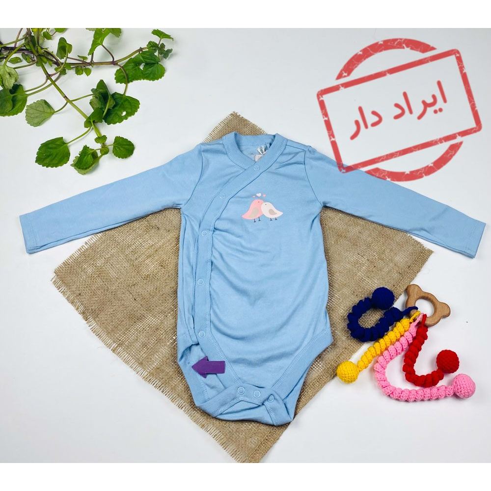 بادی نوزادی آستین بلند طرح جوجه یقه گرد دکمه ای آبی روشن رنگ  - 12 تا 24 ماه