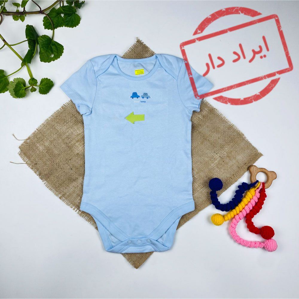 بادی نوزادی پسرانه آستین کوتاه طرح ماشین یقه گرد آبی روشن رنگ  - 12 تا 24 ماه