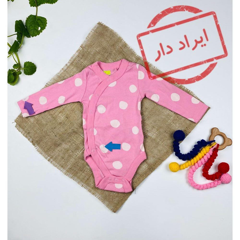 بادی نوزادی دخترانه آستین بلند طرح دایره جلو دکمه ای صورتی رنگ  - 2 تا 6 ماه