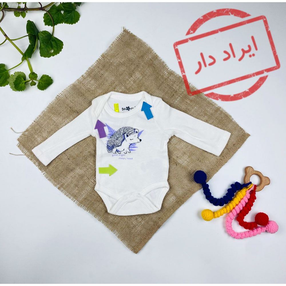 بادی نوزادی آستین بلند طرح جوجه تیغی سفید رنگ  - 0 تا 3 ماه