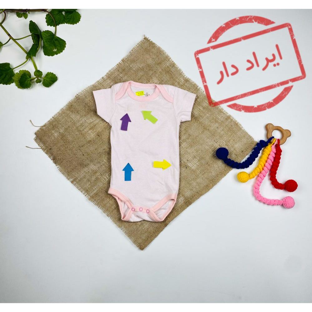 بادی نوزادی دخترانه آستین کوتاه طرح راه راه یقه گرد ساده صورتی رنگ  - 3 ماه