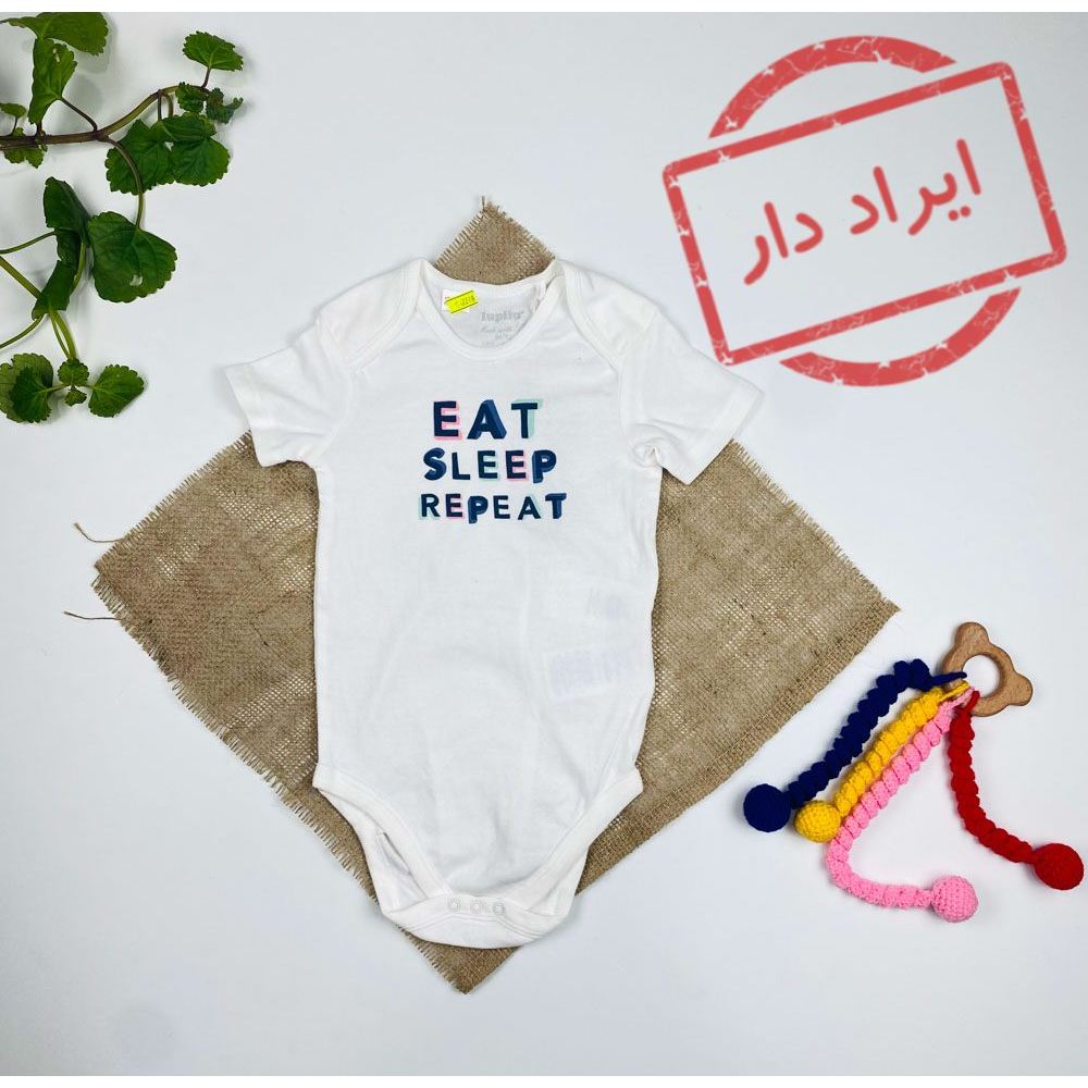 بادی نوزادی آستین کوتاه برند لوپیلو طرح نوشته انگلیسی یقه گرد ساده سفید رنگ  - 6 تا 12 ماه