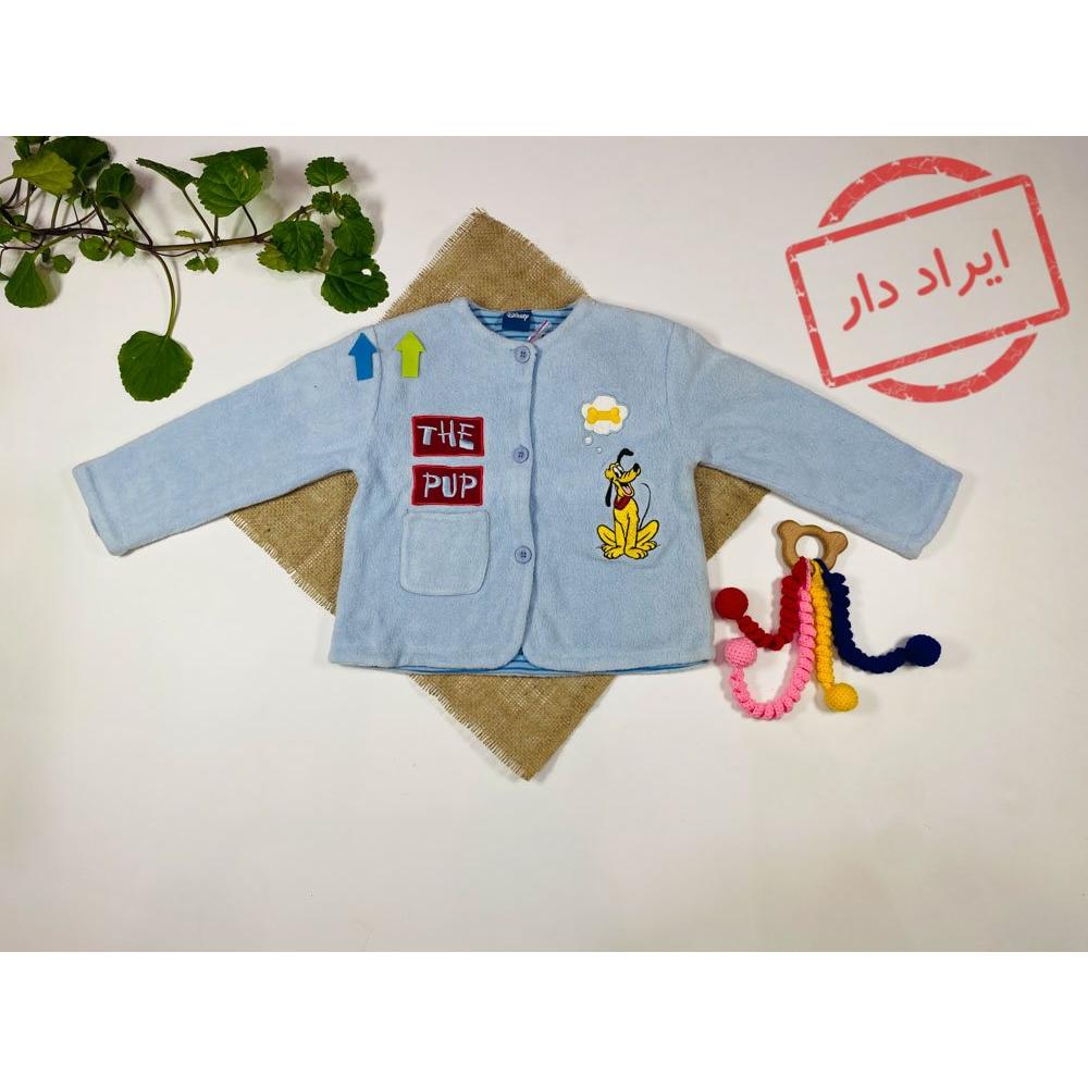 ایراد دار _ سویشرت نوزادی پسرانه آستین بلند طرح کارتونی سگ جلو دکمه ای بدون کلاه آبی روشن رنگ  - 12 ماه