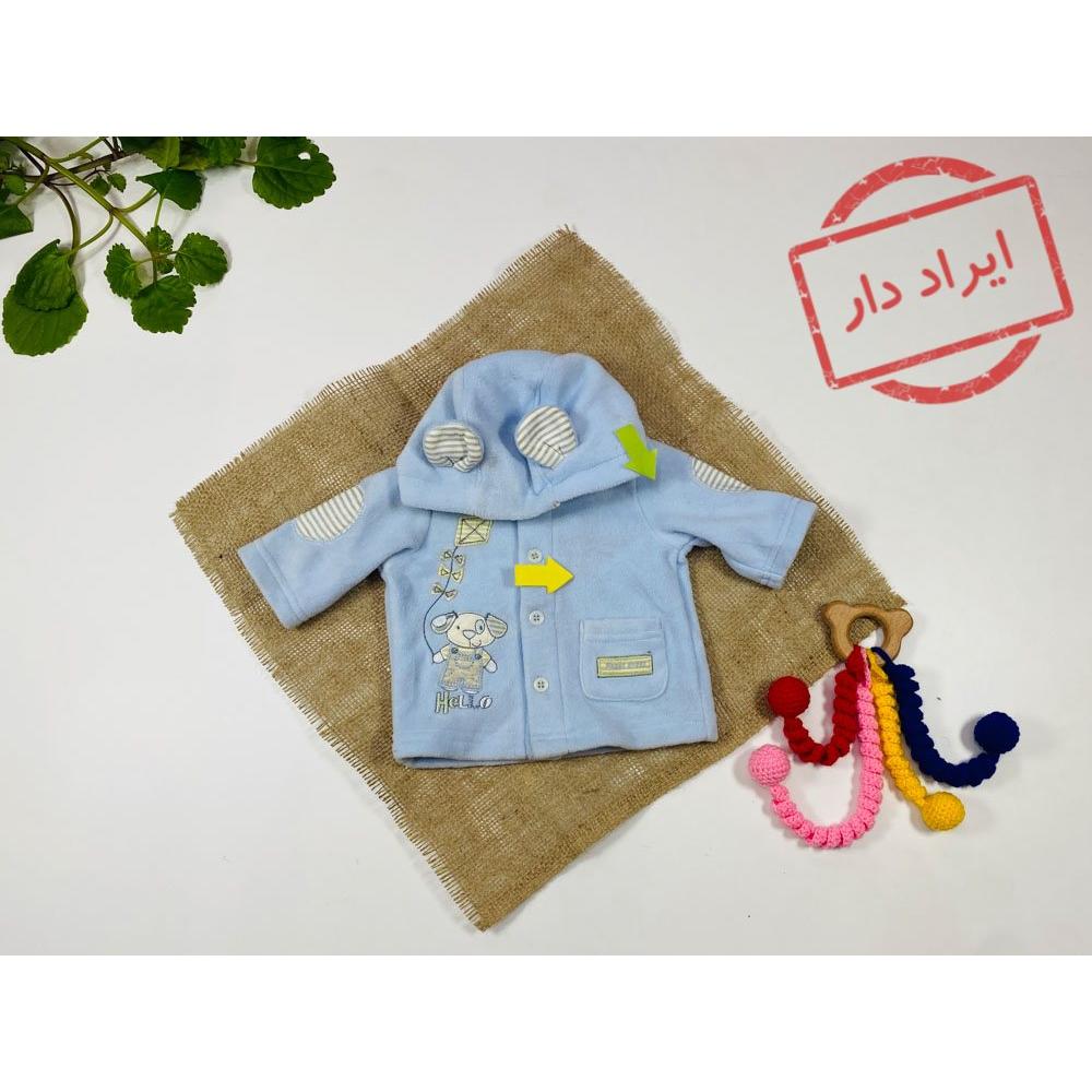 ایراد دار _ سویشرت نوزادی پسرانه آستین بلند طرح خرگوش کلاه دار جلو دکمه آبی روشن رنگ  - 2 تا 6 ماه