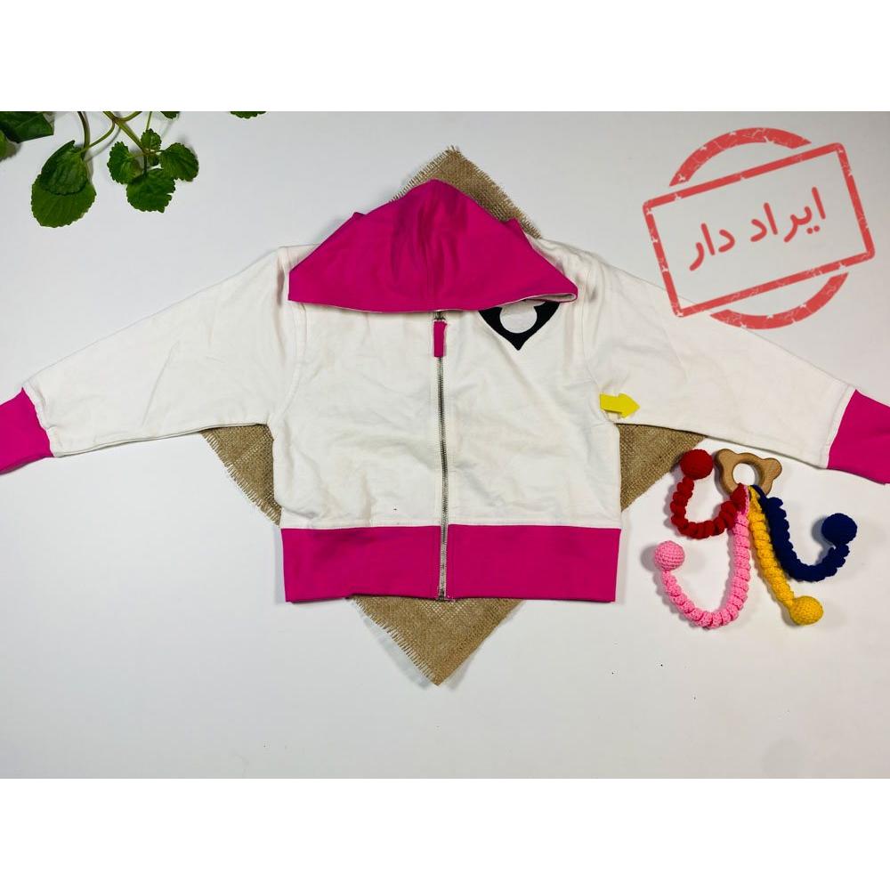 ایراد دار _ سویشرت نوزادی دخترانه آستین بلند طرح قلب جلو زیپی کلاه دار سفید رنگ  - 12 تا 24 ماه