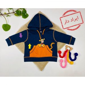 ایراد دار _ سویشرت نوزادی پسرانه آستین بلند طرح پلنگ کلاه دار جلو بسته نیم زیپ جیب دار سورمه ای رنگ  - 6 تا 12 ماه