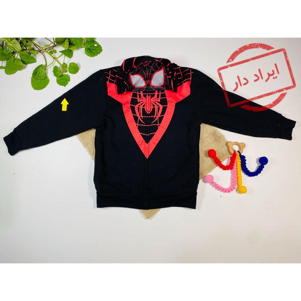 ایراد دار _ سویشرت پسرانه آستین بلند طرح اسپایدرمن جلو زیپی کلاه دار مشکی رنگ  - 6 تا 8 سال