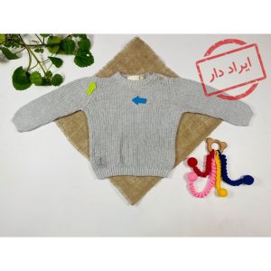 ایراد دار _ سویشرت نوزادی پسرانه آستین بلند طرح ریز بافت بافت یقه گرد جلو بسته طوسی رنگ  - 6 تا 12 ماه