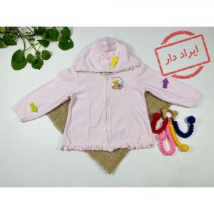 ایراد دار _ سویشرت نوزادی دخترانه آستین بلند طرح خرس و گل جلو زیپی با کلاه صورتی کمرنگ  - 12 تا 24 ماه