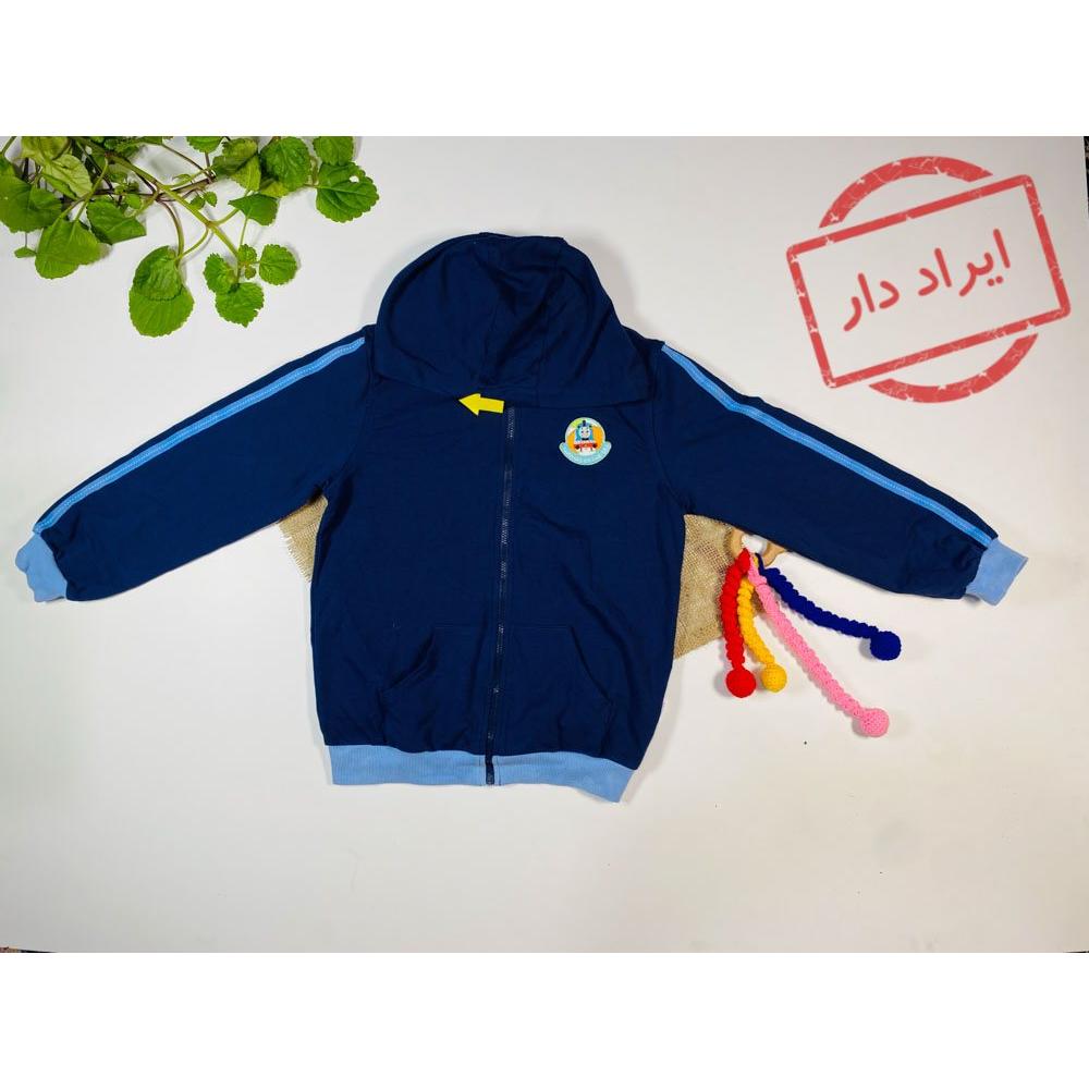 ایراد دار _ سویشرت پسرانه آستین بلند طرح پشت طرح ماشین دارد کلاه دار جلو زیپ سورمه ای رنگ  - 6 تا 8 سال