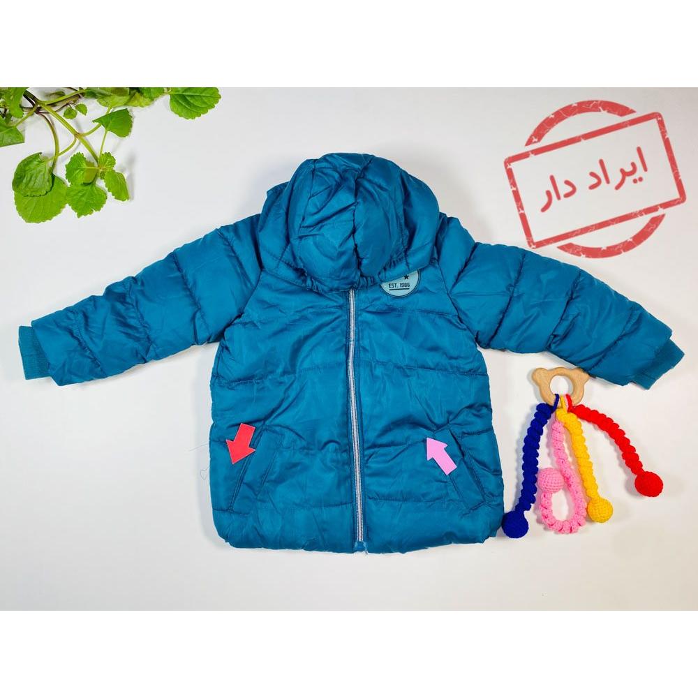 ایراد دار _ سویشرت آستین بلند طرح مارک انگلیسی جلو زیپی کلاه دار نیلی رنگ  - 2 تا 4 سال