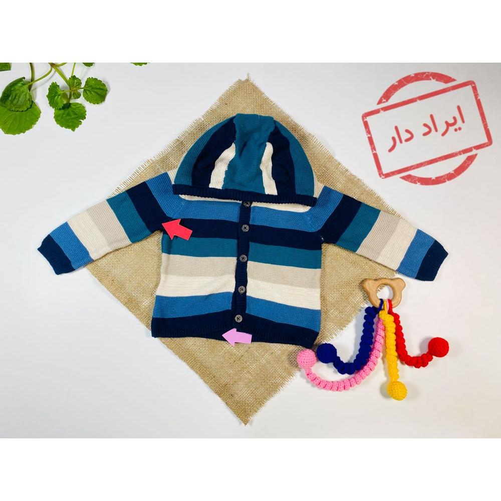 ایراد دار _ سویشرت نوزادی پسرانه آستین بلند برند لوپیلو طرح ساده راه راه جلو دکمه ای کلاه دار سورمه ای رنگ  - 2 تا 6 ماه