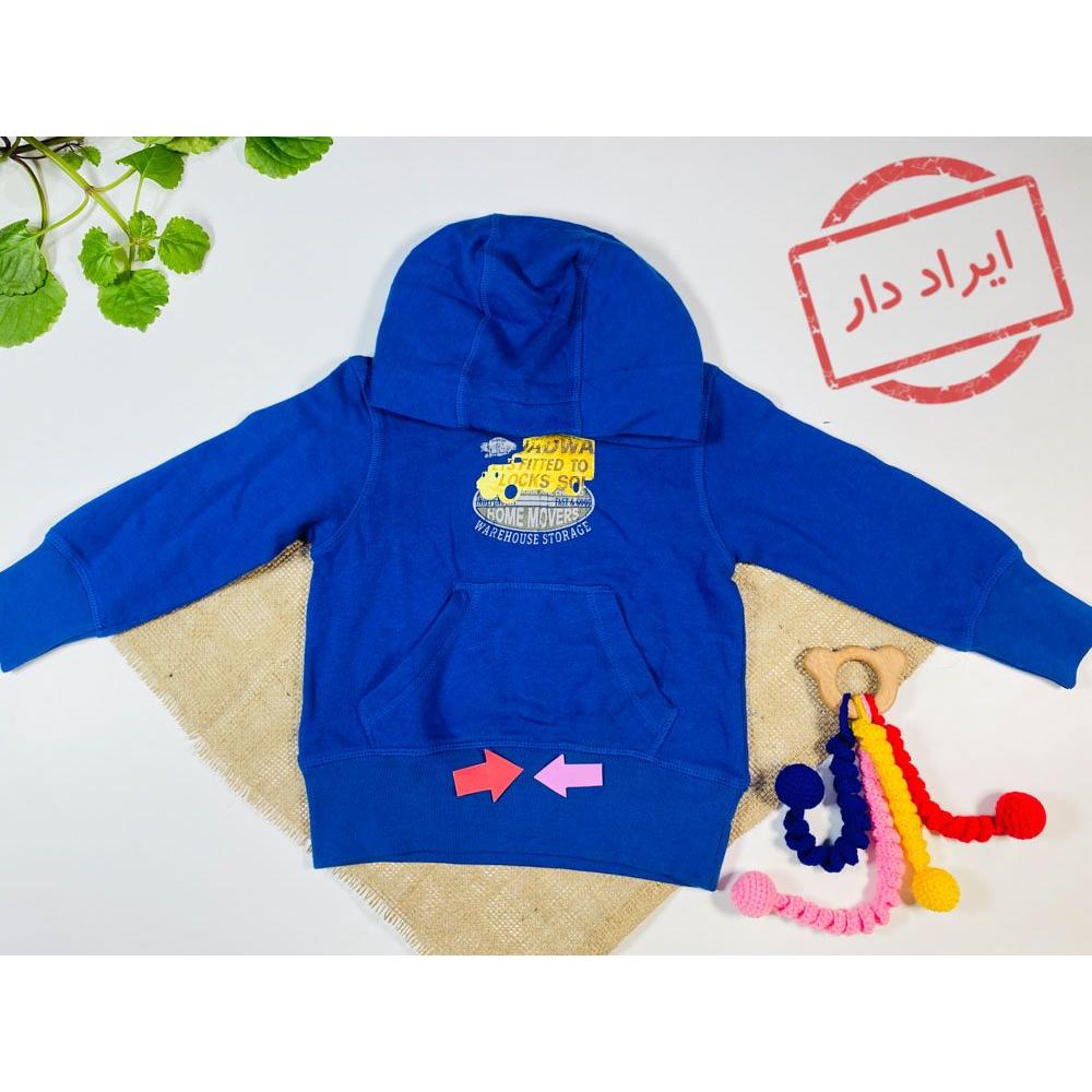 ایراد دار _ سویشرت نوزادی پسرانه آستین بلند طرح ماشین هودی کلاه دار جلو بسته سورمه ای رنگ  - 12 تا 24 ماه