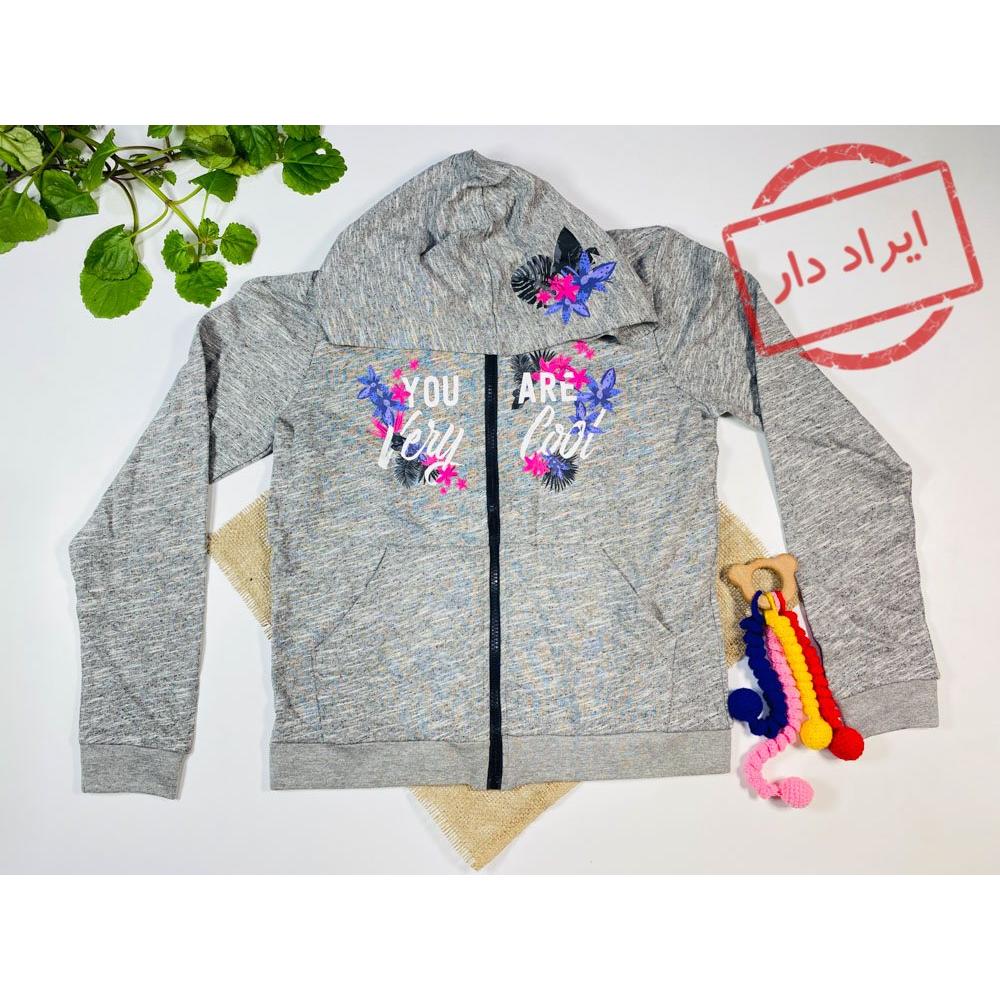 ایراد دار _ سویشرت دخترانه آستین بلند طرح گل جلو زیپی کلاه دار جیب دار طوسی رنگ  - 10 تا 12 سال