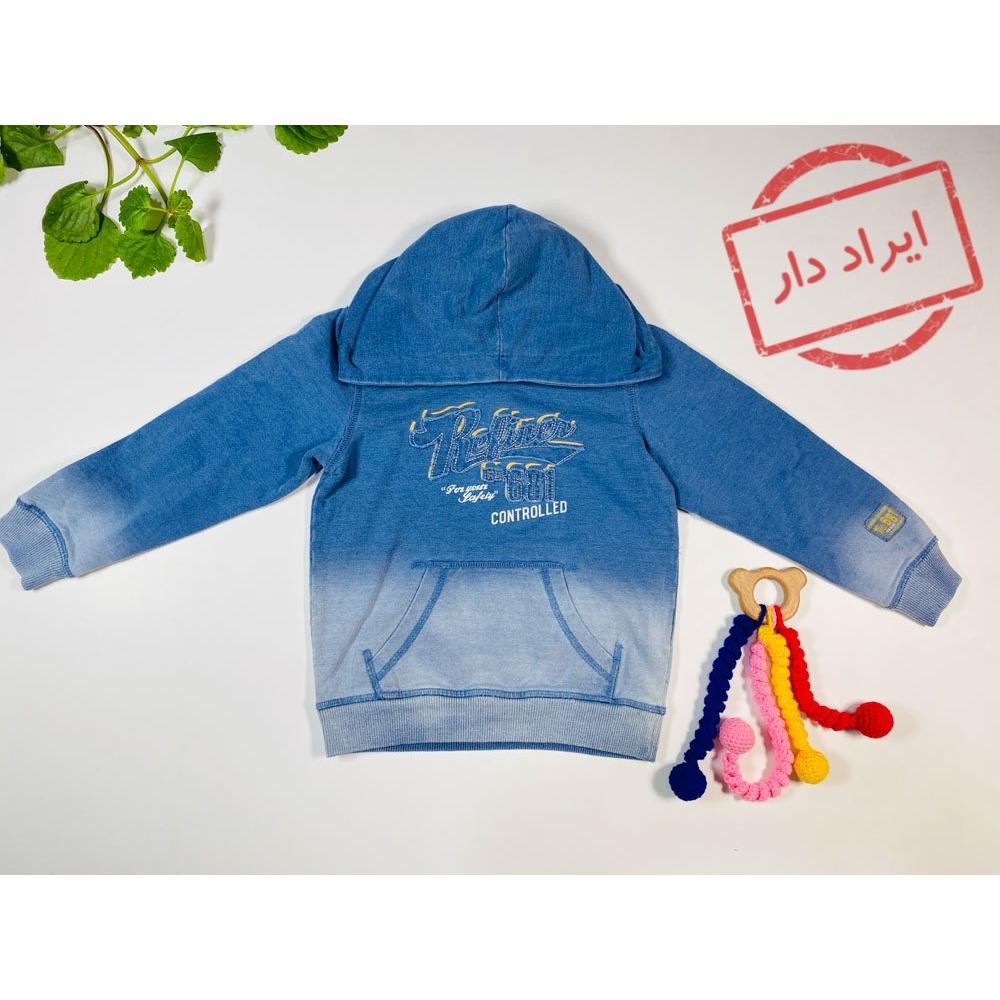 ایراد دار _ سویشرت آستین بلند طرح متن انگلیسی هودی جلو بسته کلاه دار نیلی رنگ  - 2 تا 4 سال