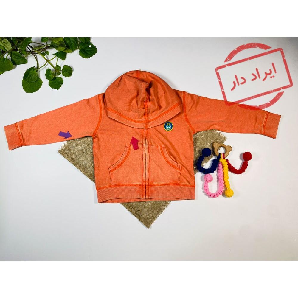 ایراد دار _ سویشرت دخترانه آستین بلند طرح ساده مارک دار جلو زیپی کلاه دار نارنجی رنگ  - 2 تا 4 سال