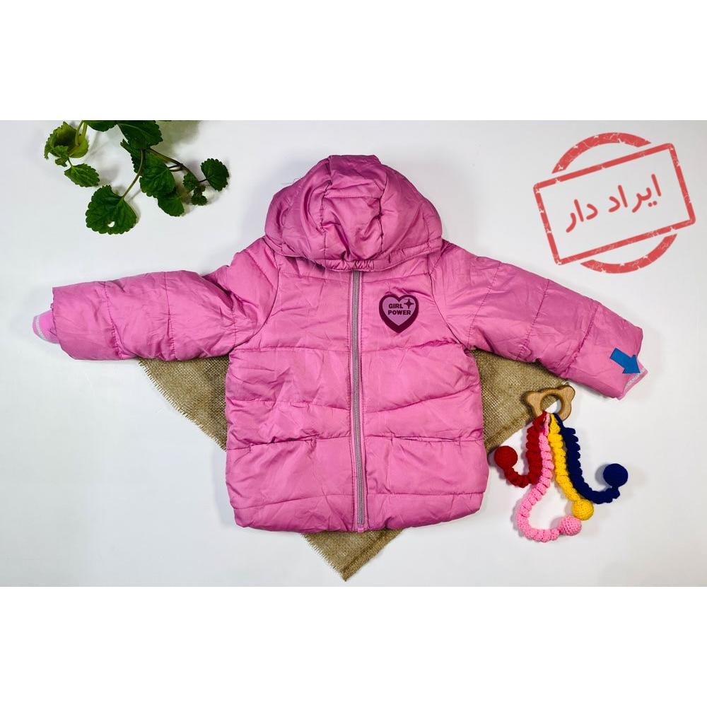 ایراد دار _ کاپشن نوزادی دخترانه آستین بلند طرح قلب کلاه دار جلو زیپ جیب دار صورتی رنگ  - 12 تا 24 ماه