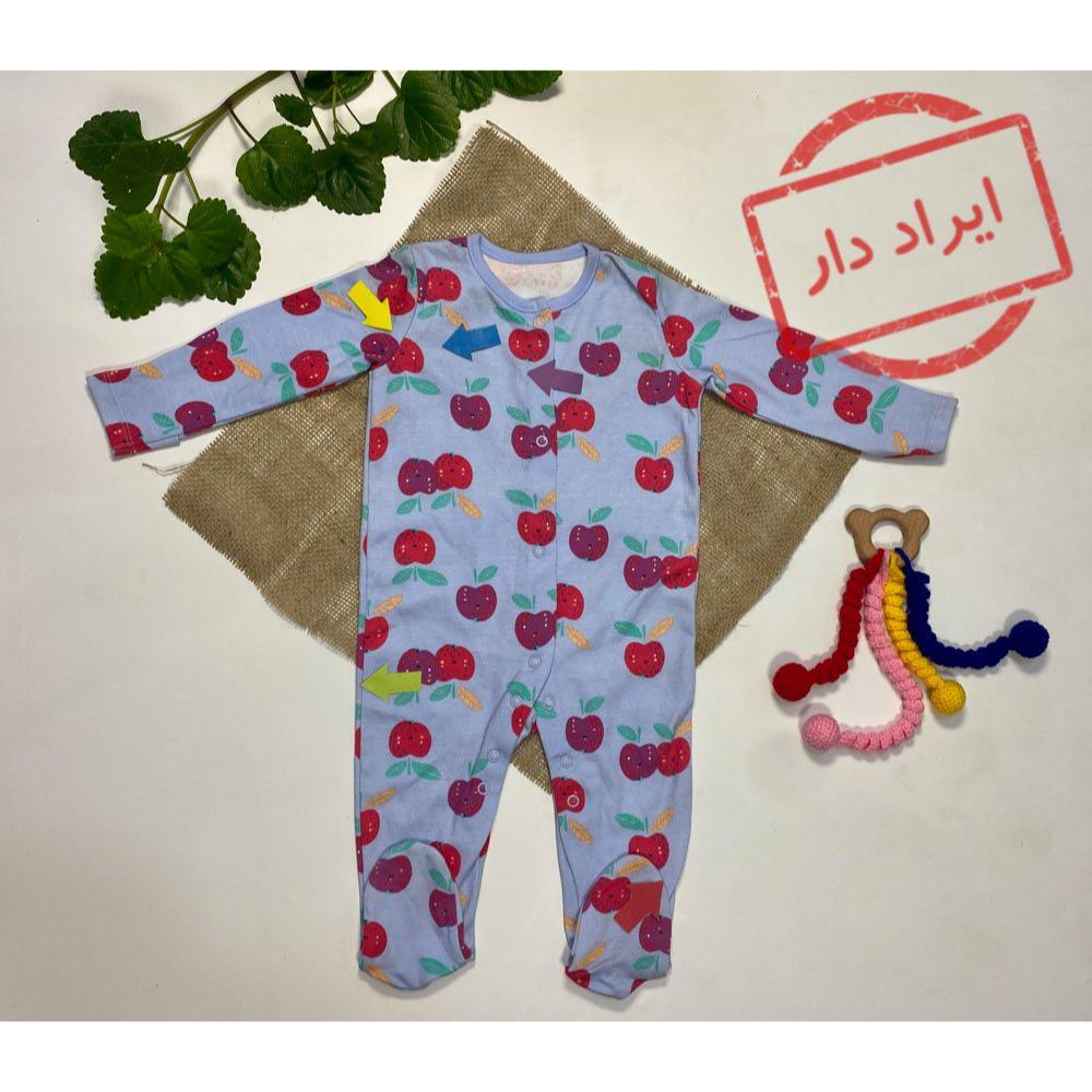 ایراد دار _ سرهمی نوزادی دخترانه آستین بلند طرح سیب و برگ جلو دکمه ای جورابی آبی آسمانی رنگ  - 3 تا 6 ماه