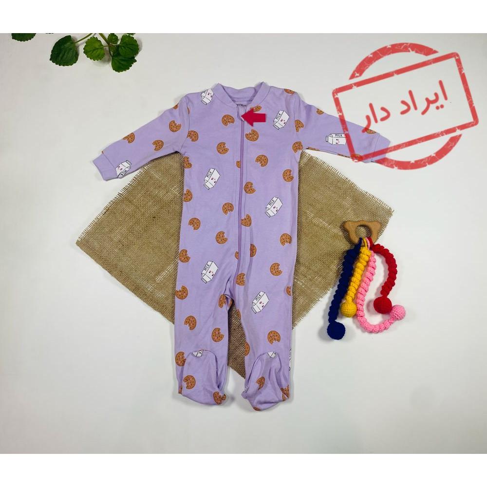 ایراد دار _ سرهمی نوزادی دخترانه آستین بلند برند goerge طرح کوکی و شیر جورابی و جلو زیپی بنفش رنگ