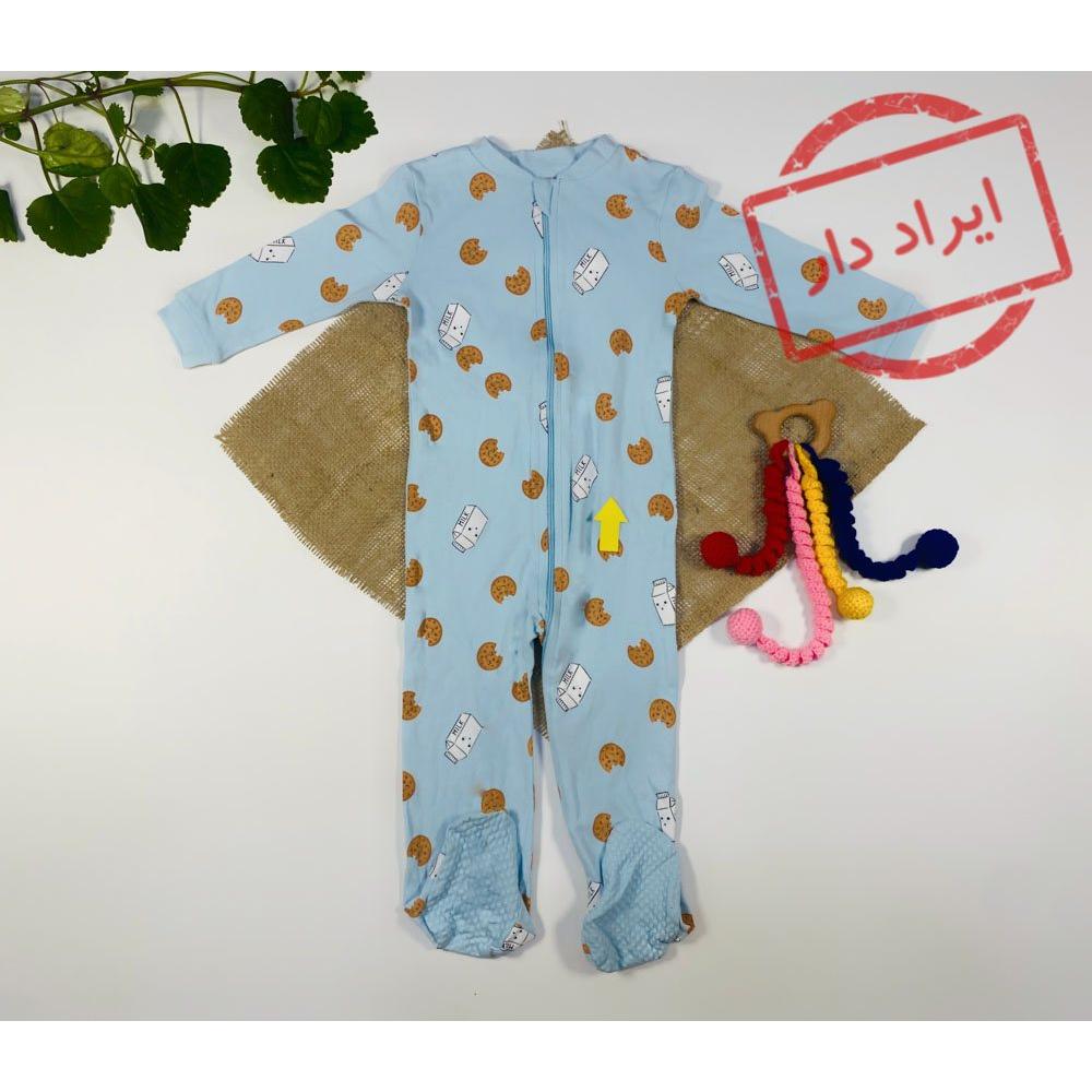 ایراد دار _ سرهمی نوزادی آستین بلند برند george طرح طرح کوکی و شیر جورابی و جلو زیپی آبی روشن رنگ
