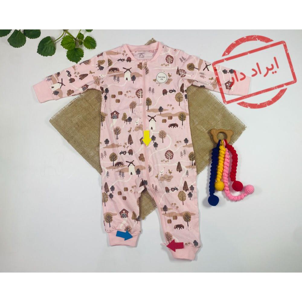 ایراد دار _ سرهمی نوزادی دخترانه آستین بلند برند لیندکس طرح درخت و مزرعه بدون جورابی جلو زیپی صورتی رنگ  - 6 تا 9 ماه