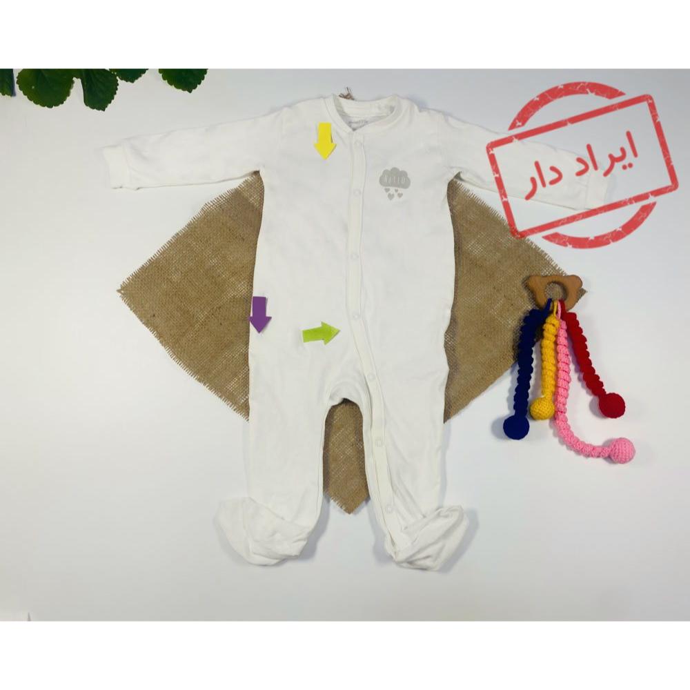 ایراد دار _ سرهمی نوزادی آستین بلند برند لوپیلو طرح ابر Hello جورابی جلو دکمه ای سفید رنگ  - 2 تا 6 ماه