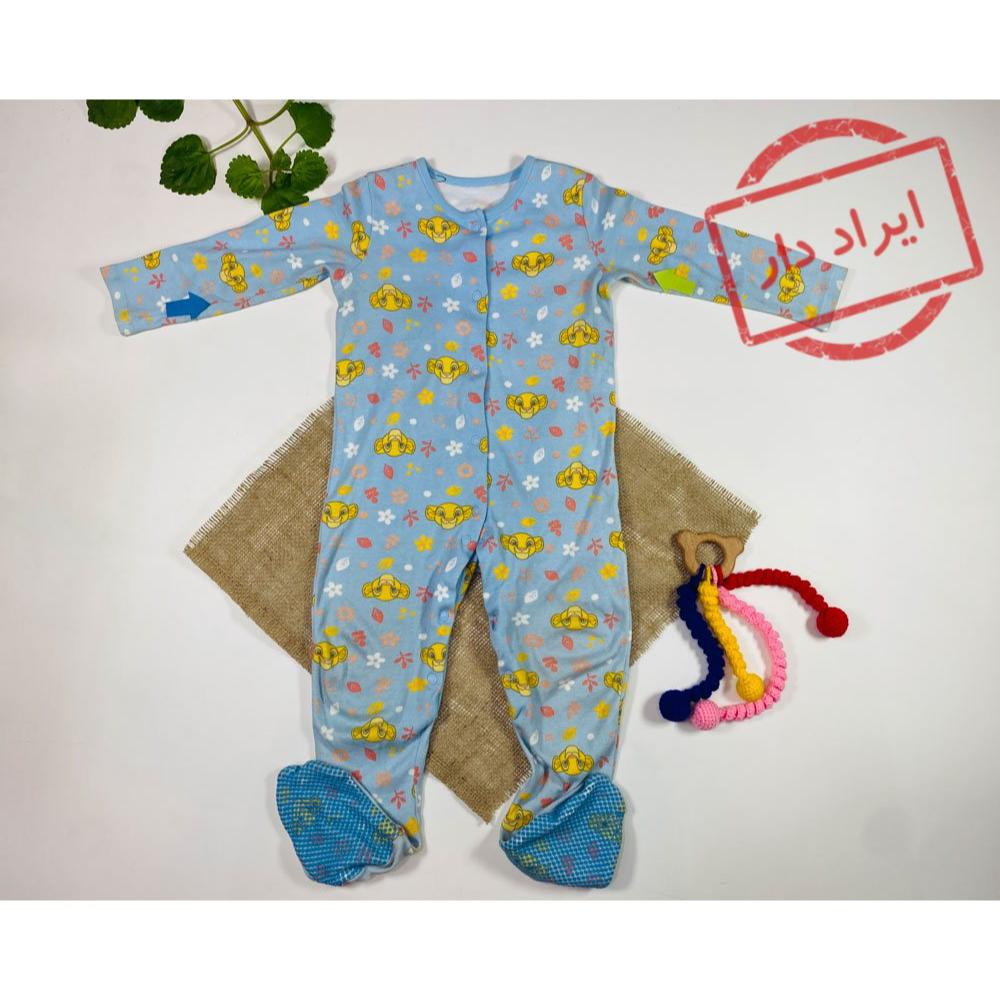 ایراد دار _ سرهمی نوزادی پسرانه آستین بلند طرح شیر جورابی جلو دکمه ای آبی رنگ  - 12 تا 24 ماه