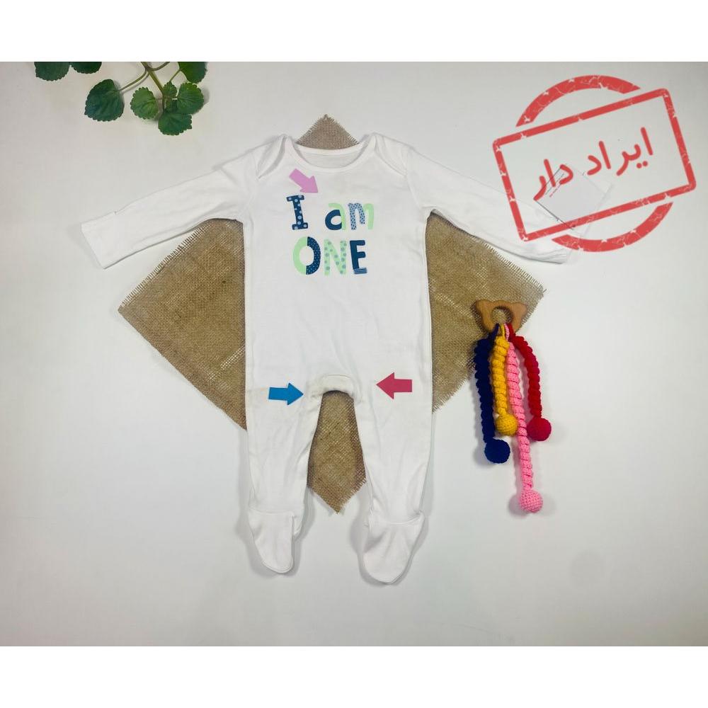 ایراد دار _ سرهمی نوزادی پسرانه آستین بلند طرح طرح نوشته انگلیسی جورابی جلو بسته بدون دکمه سفید رنگ  - 3 تا 6 ماه