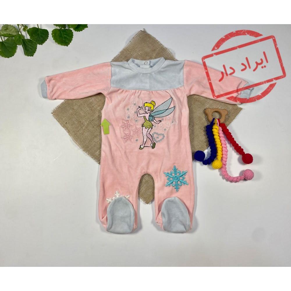 ایراد دار _ سرهمی نوزادی دخترانه آستین بلند طرح طرح فرشته جورابی جلوبسته پشت دکمه ای صورتی رنگ  - 3 تا 6 ماه