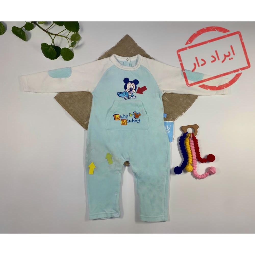 ایراد دار _ سرهمی نوزادی پسرانه آستین بلند طرح میکی موس جلوبسته جیب دار آبی رنگ  - 6 تا 9 ماه
