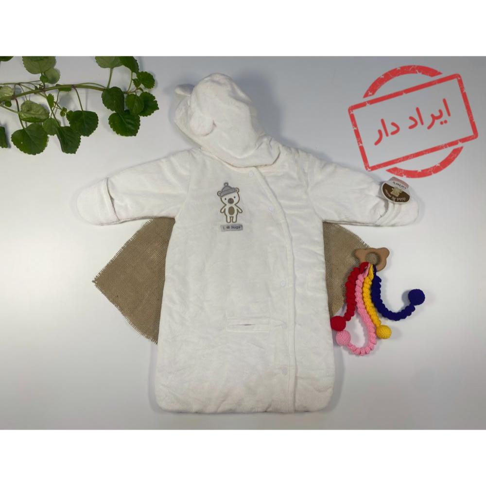 ایراد دار _ سرهمی نوزادی آستین بلند طرح تدی کیسه خواب جلو دکمه ای سفید رنگ  - 0 تا 3 ماه