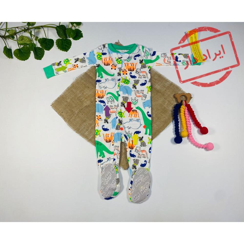 ایراد دار _ سرهمی نوزادی پسرانه آستین بلند طرح طرح حیوانات جورابی جلو زیپی سفید رنگ