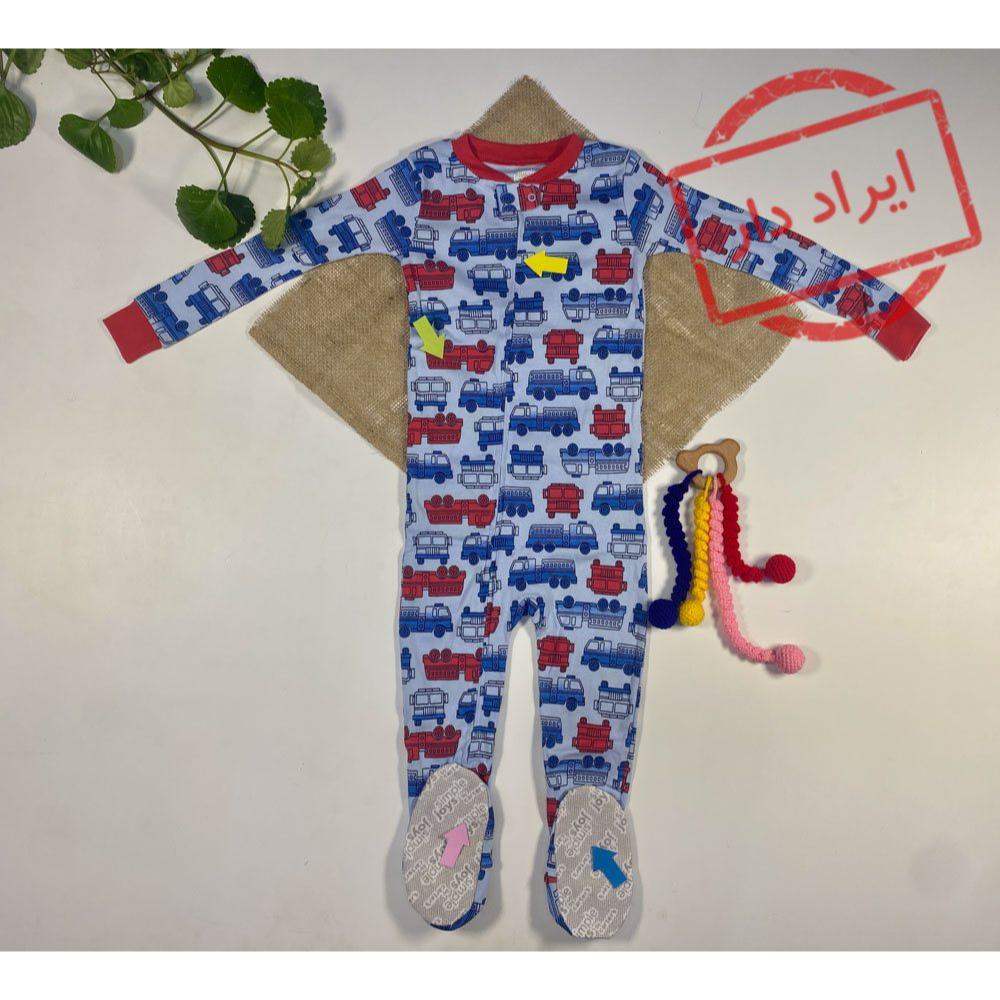 ایراد دار _ سرهمی پسرانه آستین بلند طرح ماشین زیپی جورابی آبی رنگ  - 2 تا 3 سال