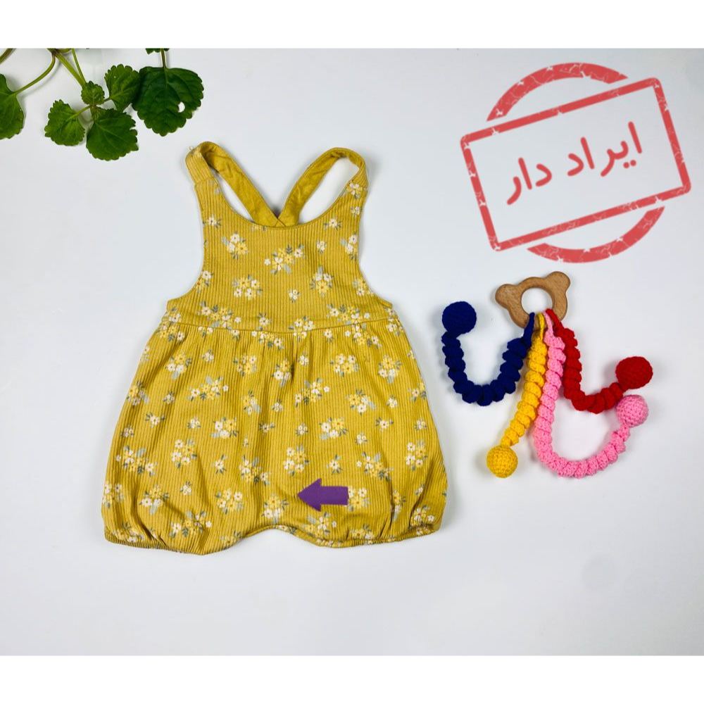 بیلر نوزادی دخترانه آستین تاپ طرح گل گلی بیلر بندی خردلی رنگ  - 2 تا 3 ماه