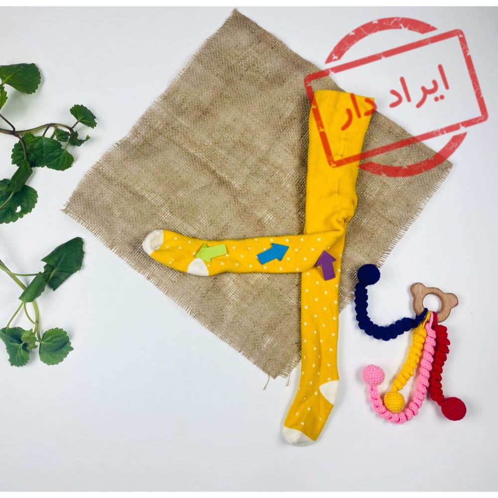 جوراب شلواری نوزادی دخترانه توپ توپی خردلی رنگ  - 6 تا 12 ماه