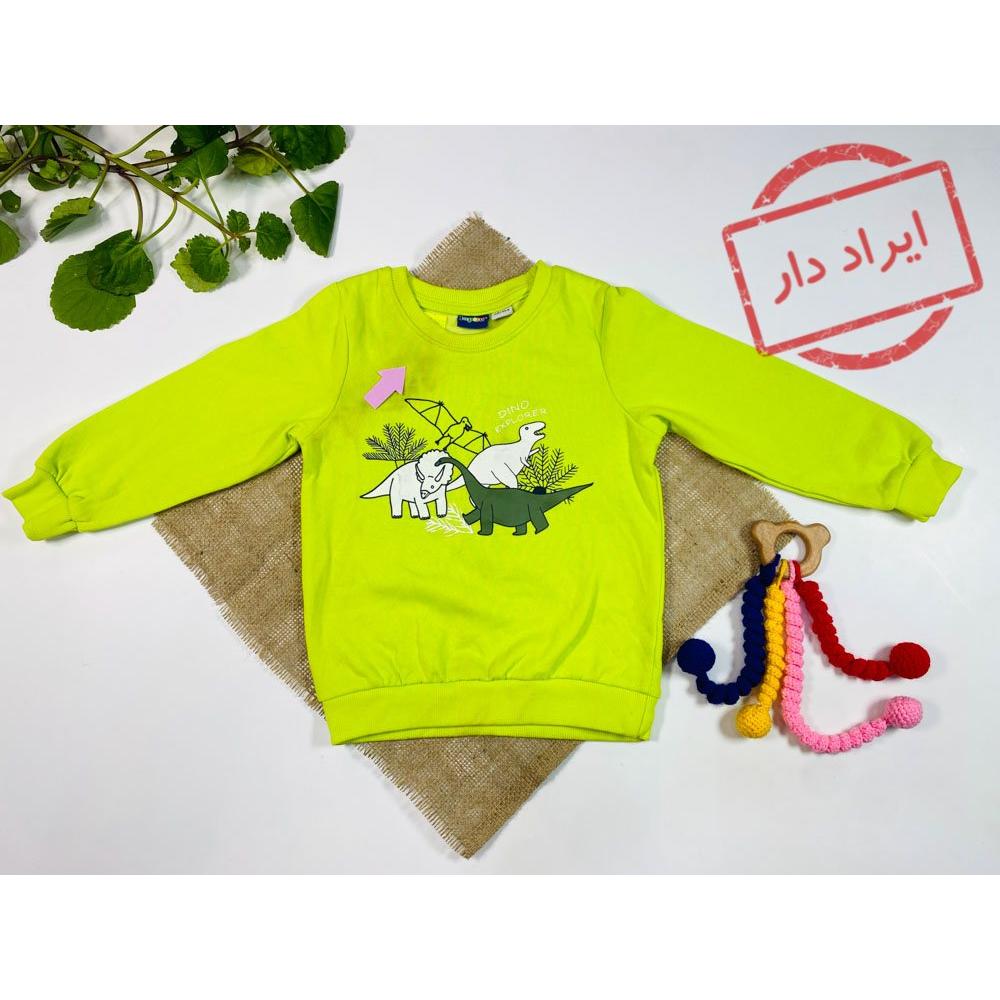 ایراد دار _ بلوز آستین بلند برند لوپیلو طرح حیوانات یقه گرد بلوز سبز کمرنگ  - 2 تا 4 سال
