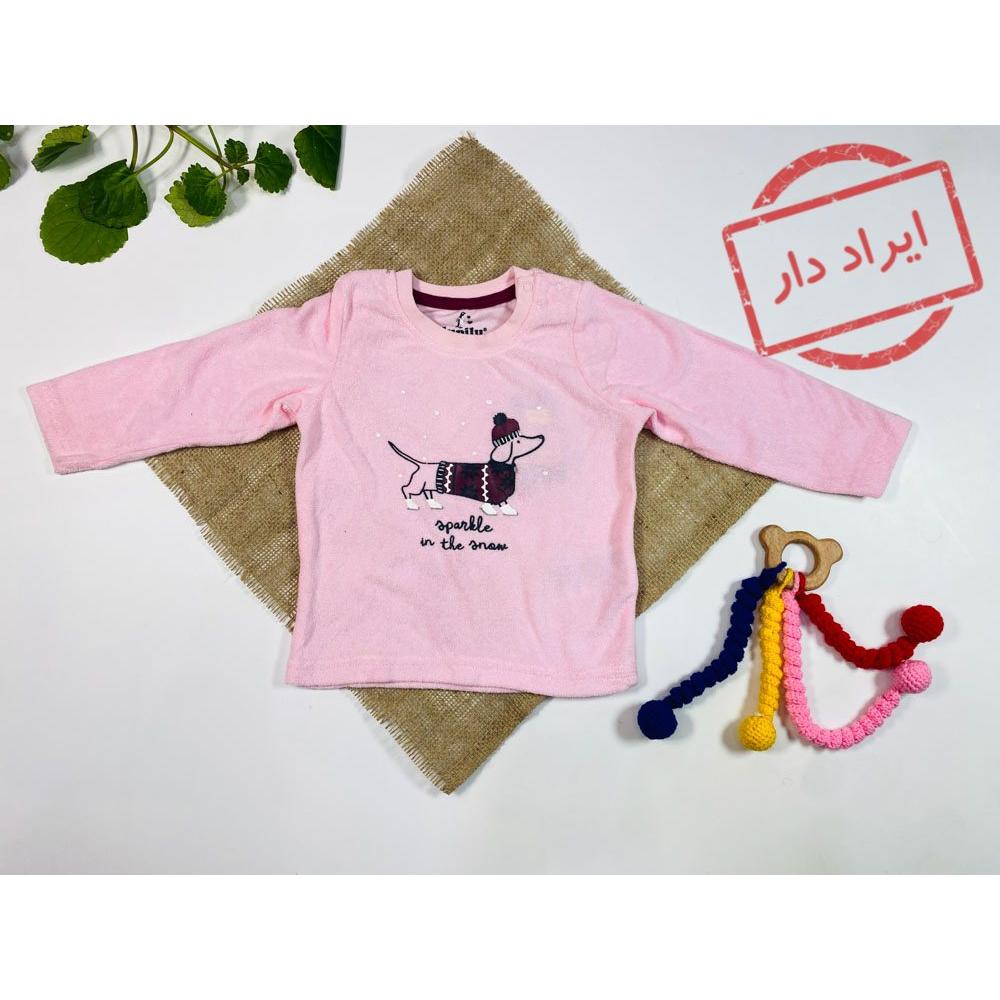 ایراد دار _ بلوز نوزادی دخترانه آستین بلند برند لوپیلو طرح هاپو یقه کرد صورتی کمرنگ  - 12 تا 24 ماه