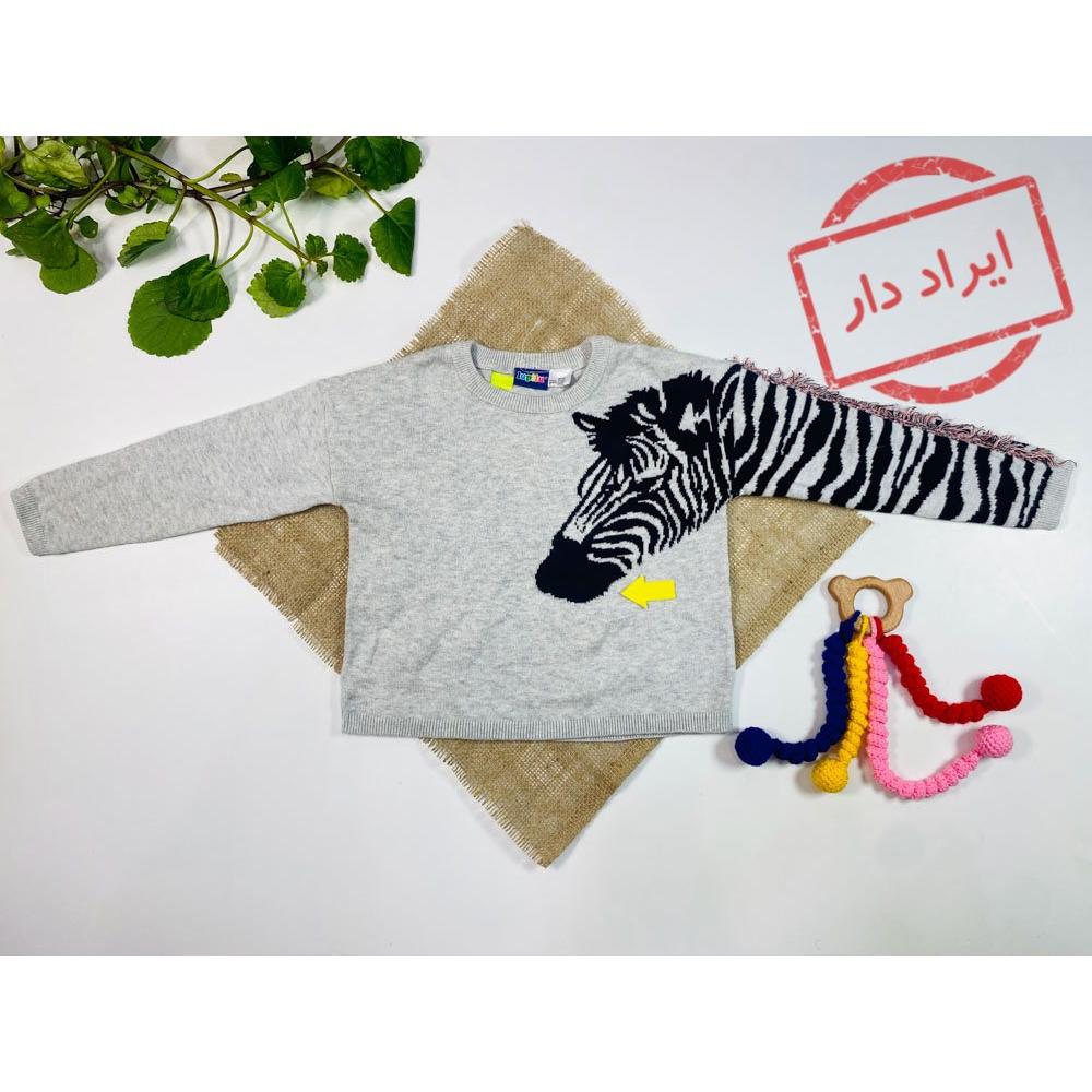 ایراد دار _ بلوز پسرانه آستین بلند برند لوپیلو طرح گورخر بلوز یقه گرد استین طرح دار طوسی رنگ  - 2 تا 4 سال