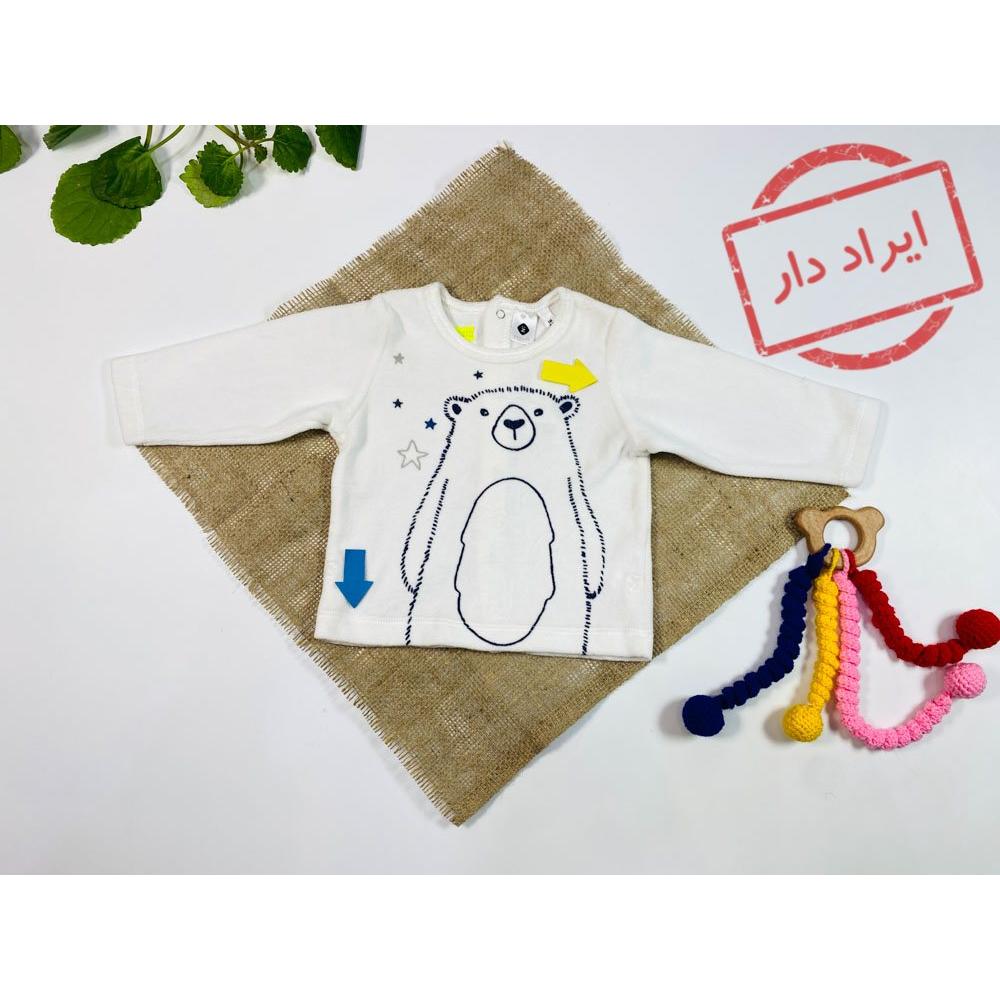 ایراد دار _ بلوز نوزادی آستین بلند طرح خرس یقه گرد سفید رنگ  - 6 ماه