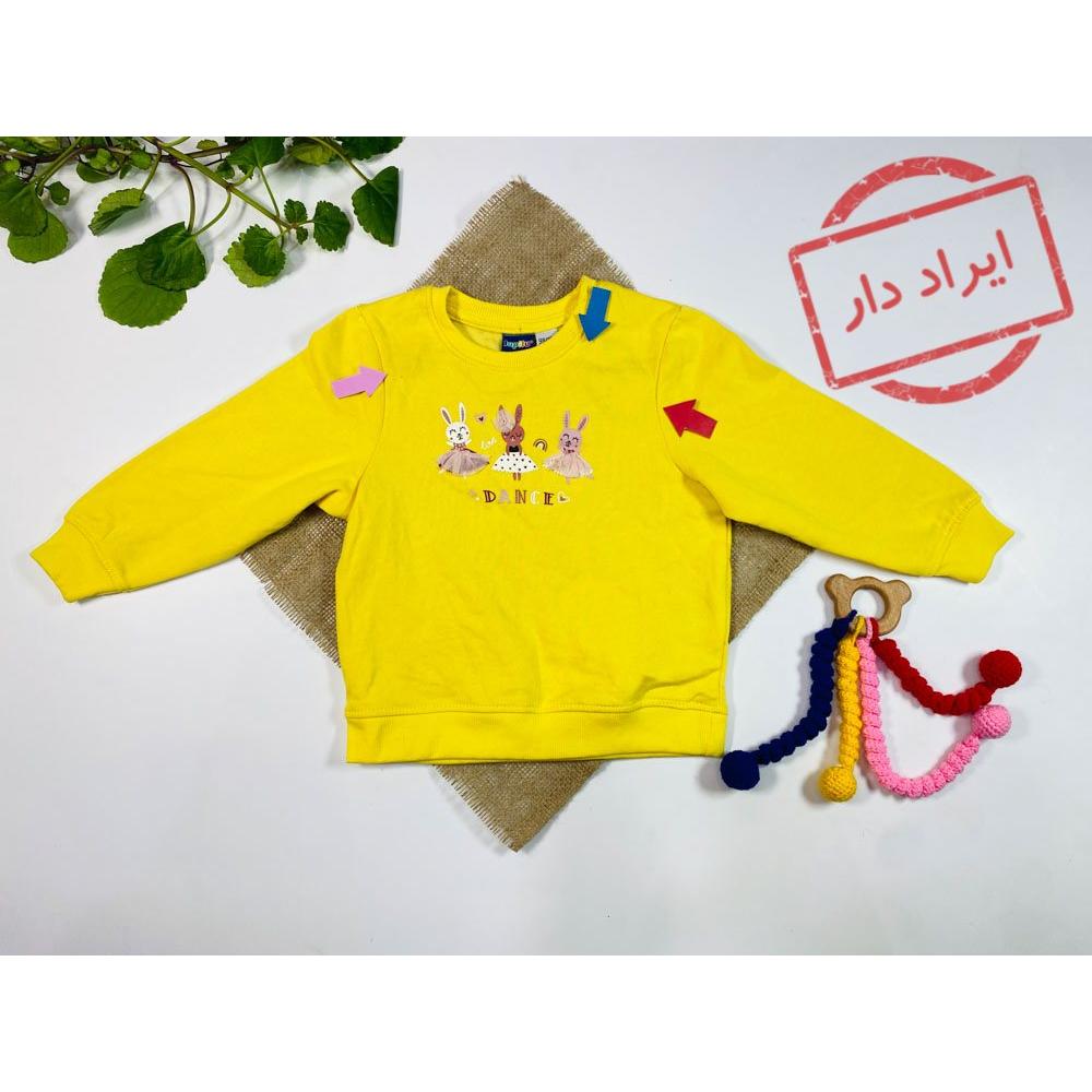 ایراد دار _ بلوز دخترانه آستین بلند برند لوپیلو طرح خرگوش یقه گرد بدون جیب زرد رنگ  - 2 تا 4 سال