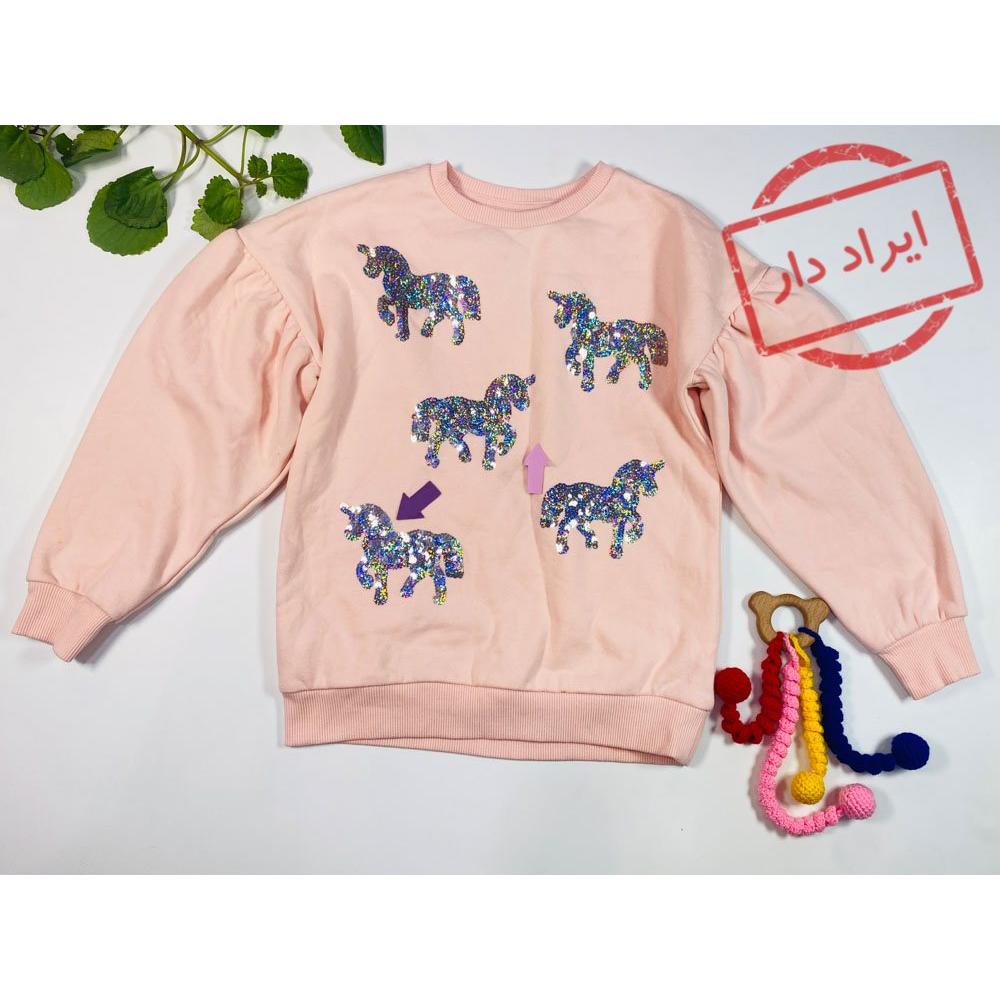 ایراد دار _ بلوز دخترانه آستین بلند طرح اسب تک شاخ پولکی دورس یقه گرد صورتی کمرنگ  - 9 تا 10 سال