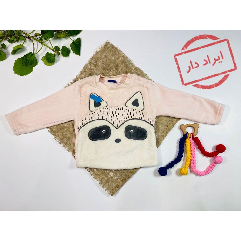 ایراد دار _ بلوز نوزادی دخترانه آستین بلند برند لوپیلو طرح خرس یقه گرد خز دار صورتی کمرنگ  - 6 تا 12 ماه