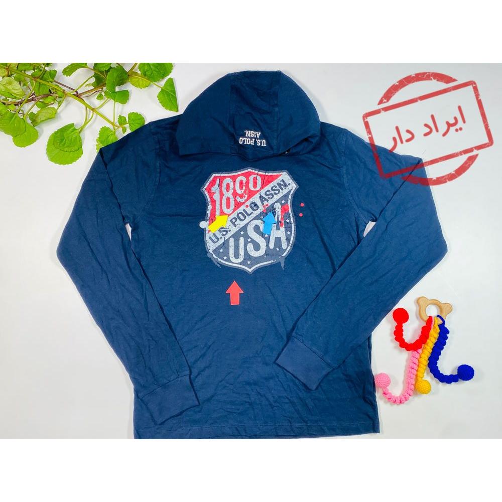 ایراد دار _ بلوز آستین بلند طرح متن انگلیسی هودی کلاه دار سورمه ای رنگ  - 12 تا 14 سال