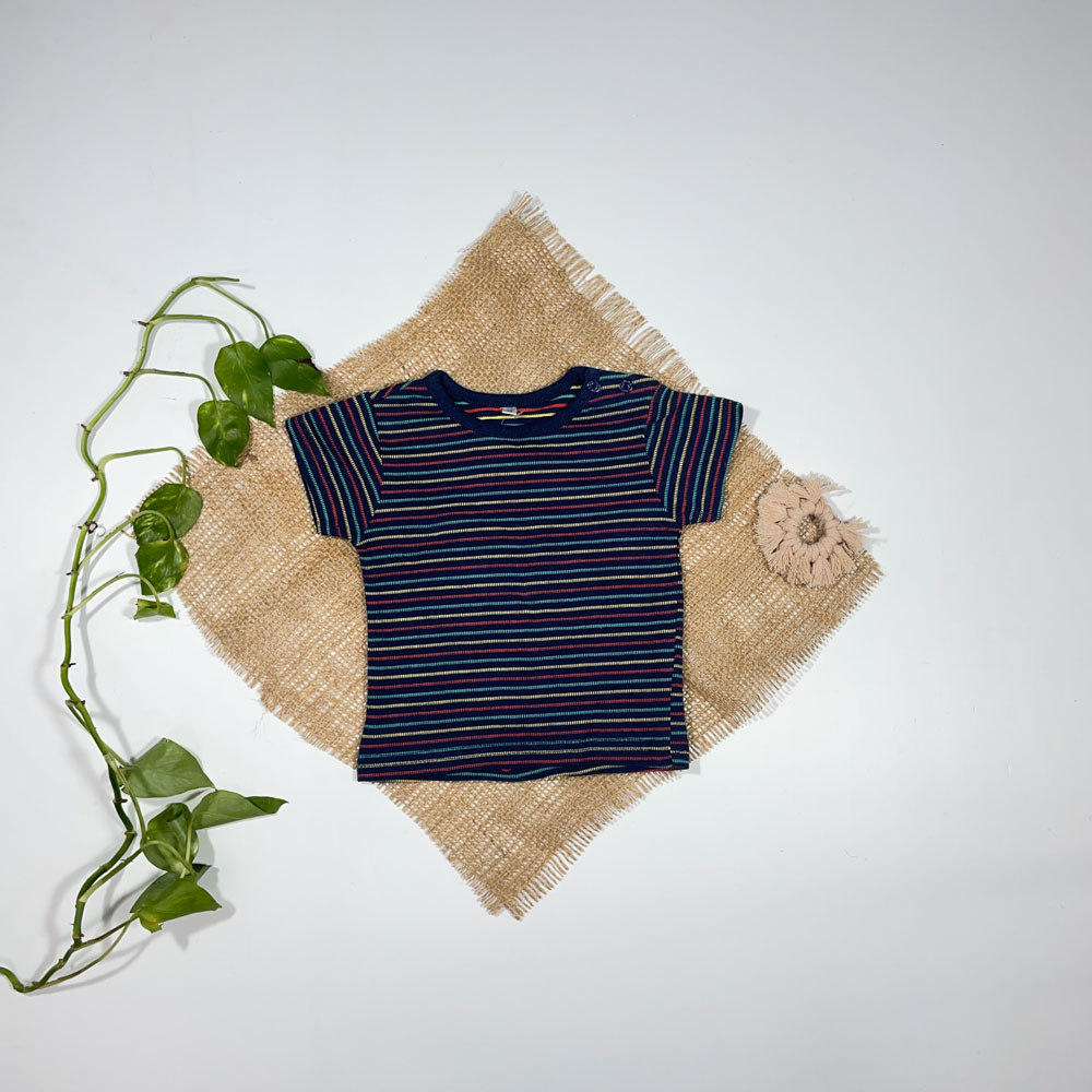 تیشرت نوزادی دخترانه آستین کوتاه برند OEKO-TEA طرح راه راه‌رنگی سرمه ای رنگ - 3 ماه