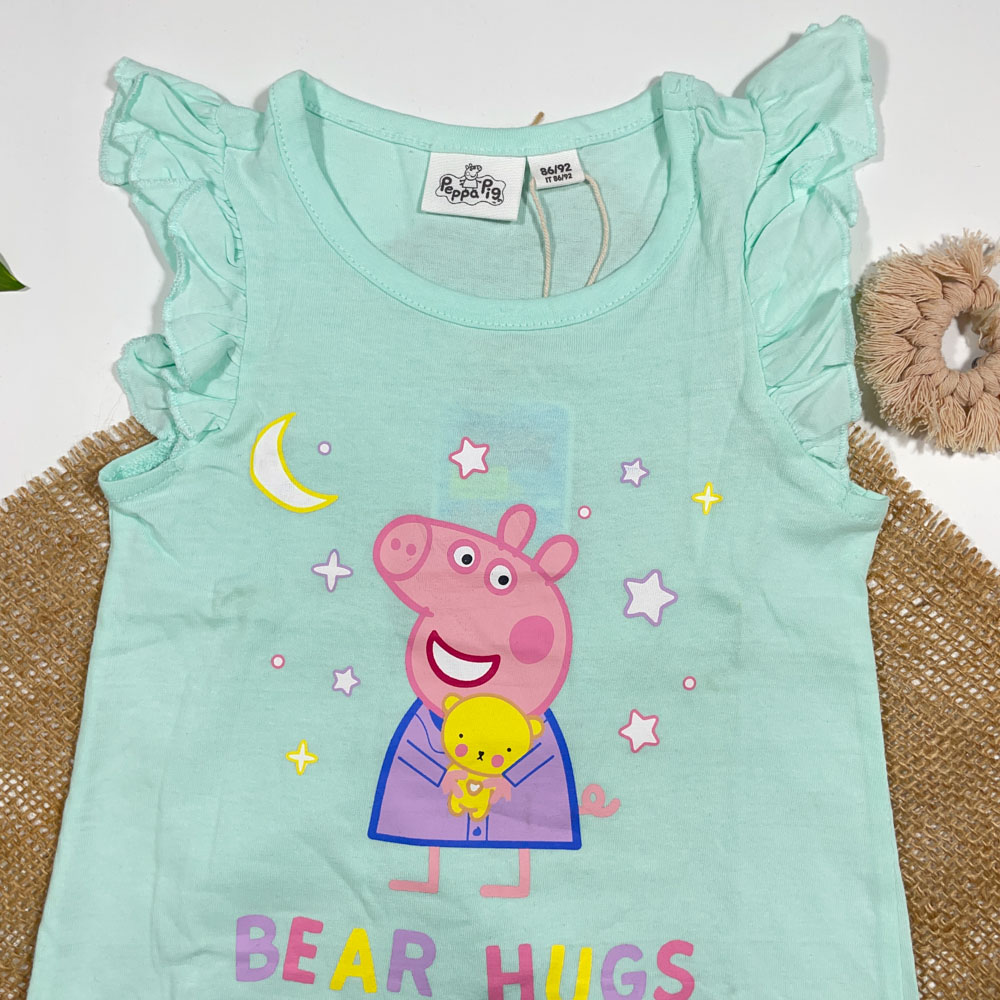 تیشرت نوزادی دخترانه آستین کوتاه برند Peppapig طرح استین پلیسه سبز ادامسی رنگ - 12 تا 24 ماه