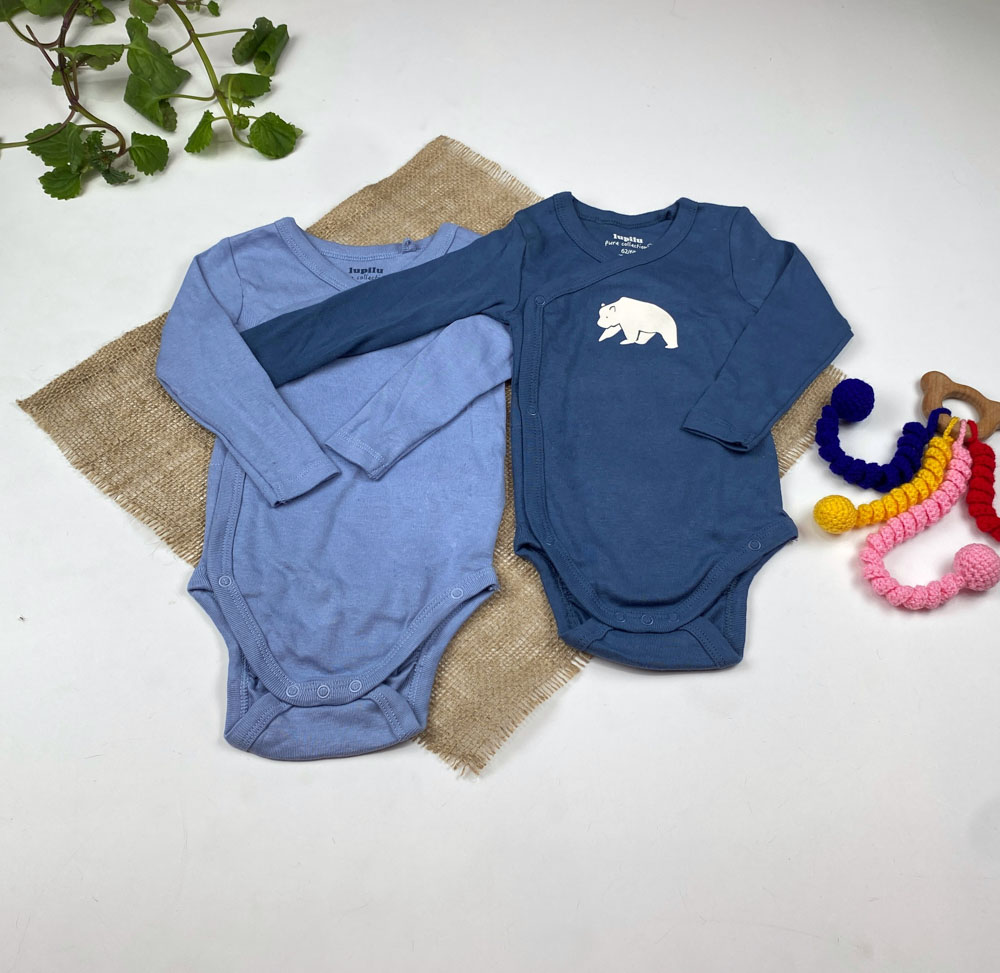 ست دو عددی بادی نوزادی پسرانه آستین بلند برند لوپیلو طرح چپ و راستی آبی رنگ