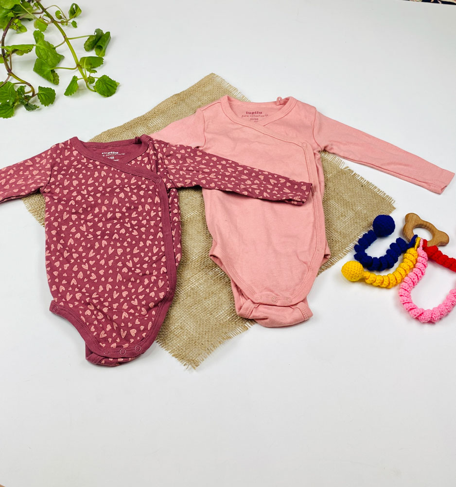 ست دو عددی بادی نوزادی دخترانه آستین بلند برند لوپیلو طرح قلب قلبی چپ و راستی صورتی رنگ