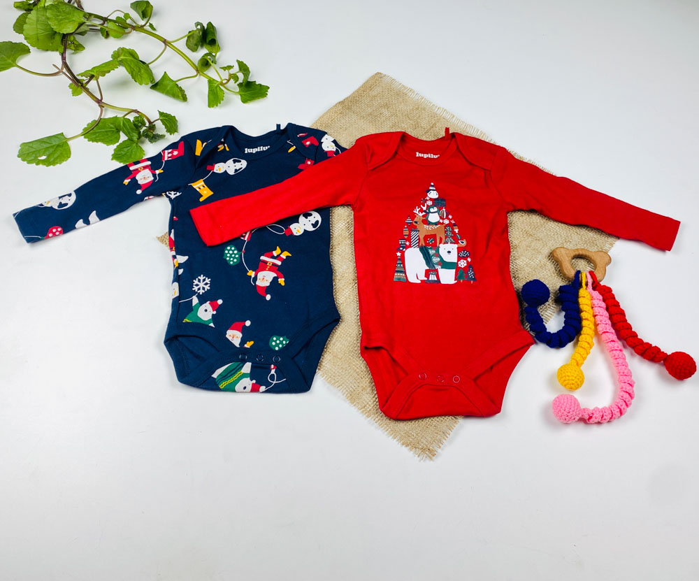 ست دو عددی بادی نوزادی آستین بلند برند لوپیلو طرح کریسمسی و خرسی سرمه ای رنگ - 2 تا 6 ماه