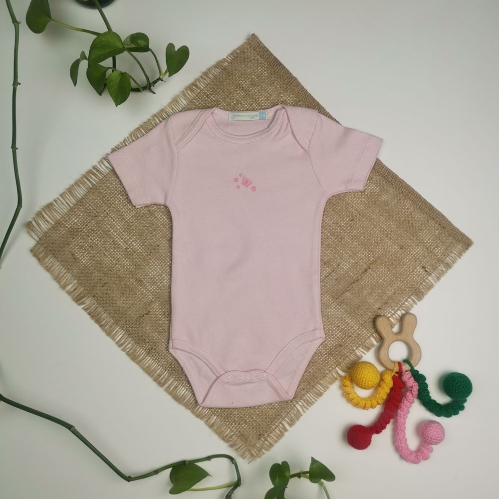 بادی نوزادی دخترانه آستین کوتاه طرح پروانه و گل صورتی رنگ - 6 تا 9 ماه