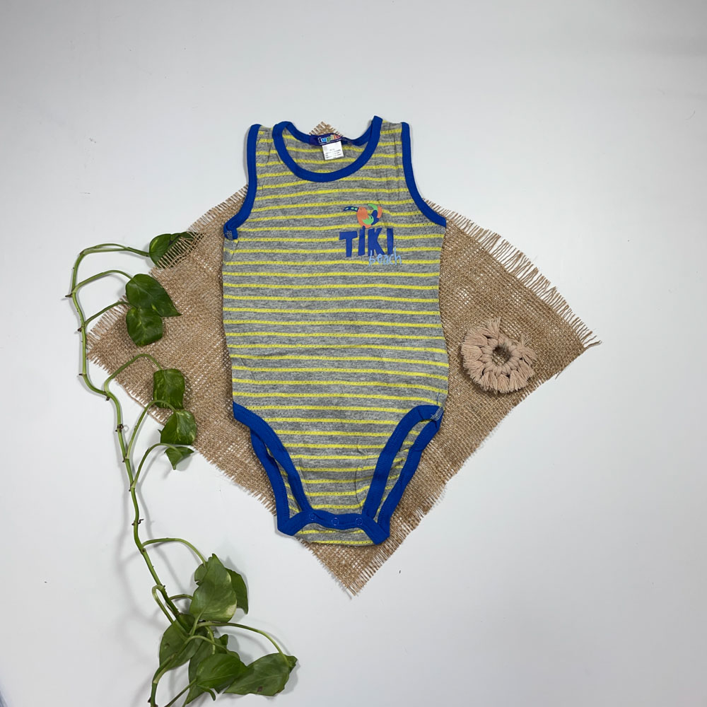 بادی نوزادی پسرانه آستین بدون استین طرح راه راه طوسی رنگ - 12 تا 24 ماه